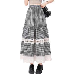 imagechouyatou Womens Hollow Out Eyelet Plaid Skirt Elastic Waist Ruffle Hem Gingham Swing Midi Long SkirtBlack