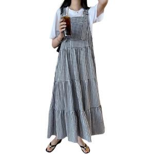 imagechouyatou Womens Retro Plaid Suspender Maxi Dress Sleeveless Ruffle Tiered Overall Jumper Long DressBlack