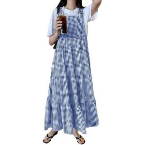 imagechouyatou Womens Retro Plaid Suspender Maxi Dress Sleeveless Ruffle Tiered Overall Jumper Long DressBlue
