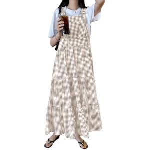 imagechouyatou Womens Retro Plaid Suspender Maxi Dress Sleeveless Ruffle Tiered Overall Jumper Long DressKhaki