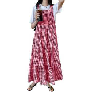 imagechouyatou Womens Retro Plaid Suspender Maxi Dress Sleeveless Ruffle Tiered Overall Jumper Long DressRed