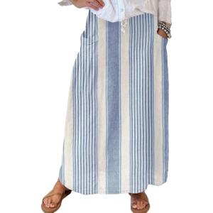 imagechouyatou Womens Vertical Striped High Waist Maxi Skirt Vintage Floral Cotton Long Skirt with PocketsBlue