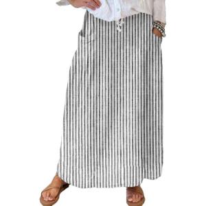 imagechouyatou Womens Vertical Striped High Waist Maxi Skirt Vintage Floral Cotton Long Skirt with PocketsGray