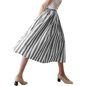 imagechouyatou Womens Vertical Striped Pleated Skirt Casual Elastic Waist A Line Swing Midi Long Skirt with PocketsBlack