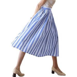 imagechouyatou Womens Vertical Striped Pleated Skirt Casual Elastic Waist A Line Swing Midi Long Skirt with PocketsBlue