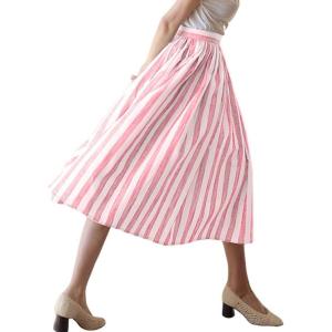 imagechouyatou Womens Vertical Striped Pleated Skirt Casual Elastic Waist A Line Swing Midi Long Skirt with PocketsRed