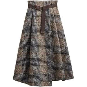 imagechouyatou Womens Vintage Plaid Wool Blend Midi Skirt Houndstooth A Line Wool Long Skirt with BeltBrown