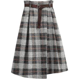 imagechouyatou Womens Vintage Plaid Wool Blend Midi Skirt Houndstooth A Line Wool Long Skirt with BeltGray White
