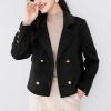 imagechouyatou Womens Business Casual Crop Wool Coat Double Breasted Dressy Short Blazer Jacket Pea CoatBlack