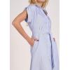 imagechouyatou Womens Casual Striped Button Down Shirt Dress Cuffed Sleeve Swing Flowy Midi Long Tunic Dress with BeltBlue