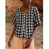 imagechouyatou Womens Gingham Button Down Shirt Cotton Shirt Plaid Blouses Short Sleeve Summer Tunic TopsBlack