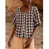 imagechouyatou Womens Gingham Button Down Shirt Cotton Shirt Plaid Blouses Short Sleeve Summer Tunic TopsCoffee