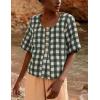 imagechouyatou Womens Gingham Button Down Shirt Cotton Shirt Plaid Blouses Short Sleeve Summer Tunic TopsGreen