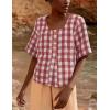 imagechouyatou Womens Gingham Button Down Shirt Cotton Shirt Plaid Blouses Short Sleeve Summer Tunic TopsPink