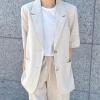 imagechouyatou Womens Summer Office Cotton Linen Blazer Short Sleeve Open Front Notch Lapel Elegant Jacket TopApricot