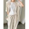 imagechouyatou Womens Summer Office Cotton Linen Blazer Short Sleeve Open Front Notch Lapel Elegant Jacket TopApricot