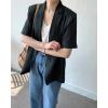 imagechouyatou Womens Summer Office Cotton Linen Blazer Short Sleeve Open Front Notch Lapel Elegant Jacket TopBlack