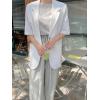 imagechouyatou Womens Summer Office Cotton Linen Blazer Short Sleeve Open Front Notch Lapel Elegant Jacket TopWhite