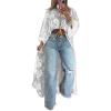 imagechouyatou Womens Boho Embroidery High Low Tunic Shirts Long Sleeve Lace Floral Blouse TopsWhite