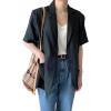 imagechouyatou Womens Summer Office Cotton Linen Blazer Short Sleeve Open Front Notch Lapel Elegant Jacket TopBlack