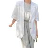 imagechouyatou Womens Summer Office Cotton Linen Blazer Short Sleeve Open Front Notch Lapel Elegant Jacket TopWhite