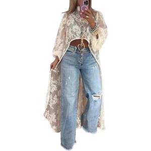 imagechouyatou Womens Boho Embroidery High Low Tunic Shirts Long Sleeve Lace Floral Blouse TopsApricot