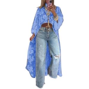 imagechouyatou Womens Boho Embroidery High Low Tunic Shirts Long Sleeve Lace Floral Blouse TopsBlue