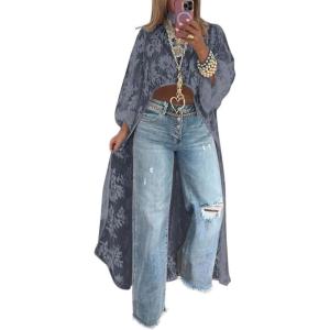 imagechouyatou Womens Boho Embroidery High Low Tunic Shirts Long Sleeve Lace Floral Blouse TopsGray