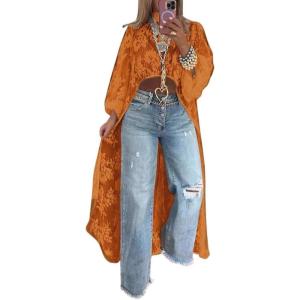 imagechouyatou Womens Boho Embroidery High Low Tunic Shirts Long Sleeve Lace Floral Blouse TopsOrange