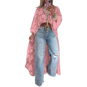imagechouyatou Womens Boho Embroidery High Low Tunic Shirts Long Sleeve Lace Floral Blouse TopsPink