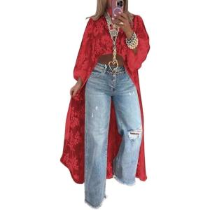 imagechouyatou Womens Boho Embroidery High Low Tunic Shirts Long Sleeve Lace Floral Blouse TopsRed