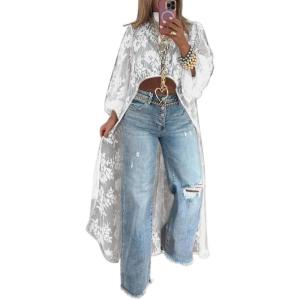 imagechouyatou Womens Boho Embroidery High Low Tunic Shirts Long Sleeve Lace Floral Blouse TopsWhite