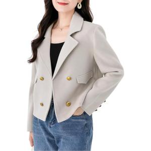 imagechouyatou Womens Business Casual Crop Wool Coat Double Breasted Dressy Short Blazer Jacket Pea CoatBeige