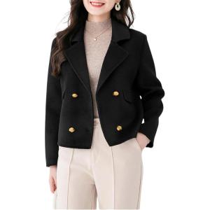 imagechouyatou Womens Business Casual Crop Wool Coat Double Breasted Dressy Short Blazer Jacket Pea CoatBlack