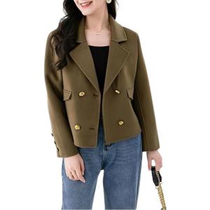 imagechouyatou Womens Business Casual Crop Wool Coat Double Breasted Dressy Short Blazer Jacket Pea CoatGreen