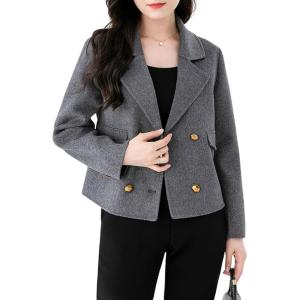 imagechouyatou Womens Business Casual Crop Wool Coat Double Breasted Dressy Short Blazer Jacket Pea CoatGrey