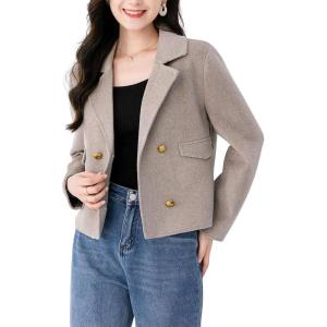 imagechouyatou Womens Business Casual Crop Wool Coat Double Breasted Dressy Short Blazer Jacket Pea CoatOatmeal