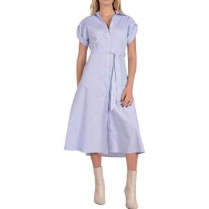 imagechouyatou Womens Casual Striped Button Down Shirt Dress Cuffed Sleeve Swing Flowy Midi Long Tunic Dress with BeltBlue