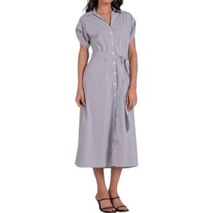 imagechouyatou Womens Casual Striped Button Down Shirt Dress Cuffed Sleeve Swing Flowy Midi Long Tunic Dress with BeltGrey