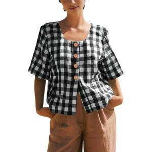 imagechouyatou Womens Gingham Button Down Shirt Cotton Shirt Plaid Blouses Short Sleeve Summer Tunic TopsBlack