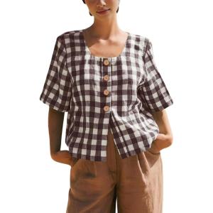 imagechouyatou Womens Gingham Button Down Shirt Cotton Shirt Plaid Blouses Short Sleeve Summer Tunic TopsCoffee