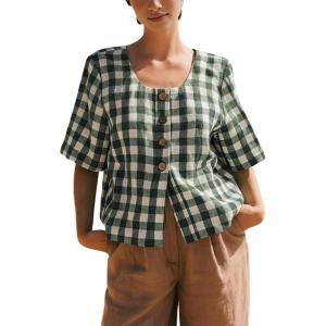 imagechouyatou Womens Gingham Button Down Shirt Cotton Shirt Plaid Blouses Short Sleeve Summer Tunic TopsGreen