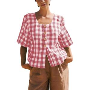 imagechouyatou Womens Gingham Button Down Shirt Cotton Shirt Plaid Blouses Short Sleeve Summer Tunic TopsPink