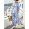 imagechouyatou Womens Cotton 2 Piece Striped Outfits 34 Sleeve Shirt and Wide Leg Pant Matching Sets LoungewearBlue