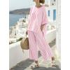 imagechouyatou Womens Cotton 2 Piece Striped Outfits 34 Sleeve Shirt and Wide Leg Pant Matching Sets LoungewearRose Pink
