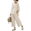 imagechouyatou Womens Cotton 2 Piece Striped Outfits 34 Sleeve Shirt and Wide Leg Pant Matching Sets LoungewearKhaki