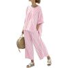 imagechouyatou Womens Cotton 2 Piece Striped Outfits 34 Sleeve Shirt and Wide Leg Pant Matching Sets LoungewearRose Pink