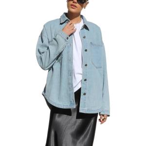imagechouyatou Womens Boyfriend Button Down Denim Jacke Shacket Loose Casual Lightweight Jean Shirt JacketLight Blue