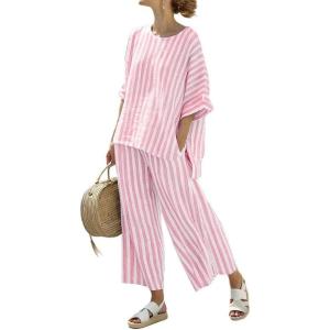 imagechouyatou Womens Cotton 2 Piece Striped Outfits 34 Sleeve Shirt and Wide Leg Pant Matching Sets LoungewearRose Pink