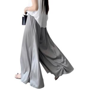 imagechouyatou Womens Satin Silky Wide Leg Culotte Pants High Elastic Waist Party Dress Casual Palazzo PantsGray